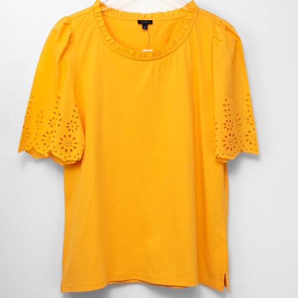 Talbots Eyelet Trim Knit Tee Scallop Sleeve T-Shirt Yellow Size Large New - Picture 2 of 6